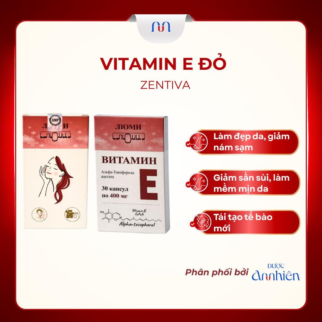 Vitamin E đỏ Nga Mirrolla 400mg hỗ trợ làm đẹp da, dưỡng da, chống lão hóa da, trắng da hộp 30 viên DP An Nhiên (1 hộp)