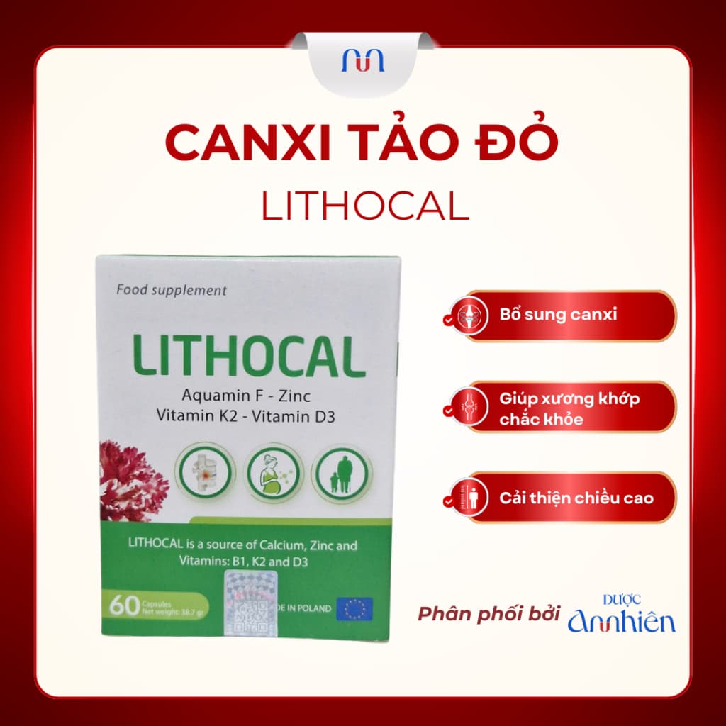 [CHÍNH HÃNG] Viên Uống Canxi Hữu Cơ Tảo Đỏ Lithocal Bổ Sung Canxi D3 K2 Giúp Xương Răng Chắc Khỏe