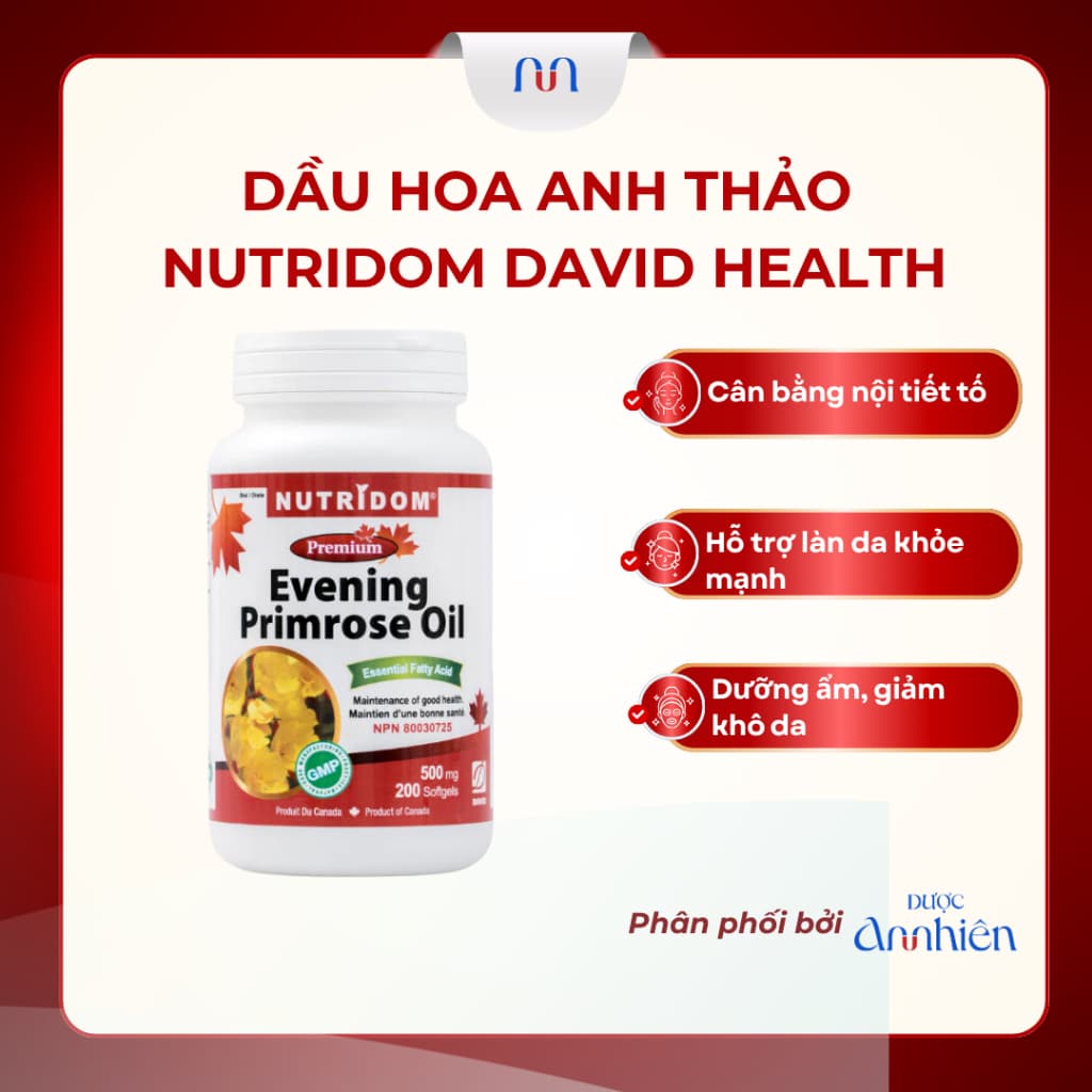 [CHÍNH HÃNG] Tinh Dầu Hoa Anh Thảo Nutridom David Health Evening Primrose Oil Lọ 200 Viên Hỗ Trợ Cân Bằng Nội Tiết Tố