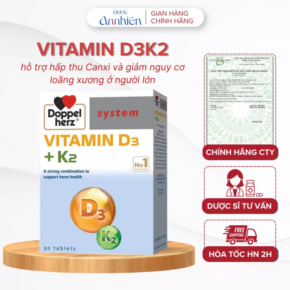D3K2 NGƯỜI LỚN Vitamin D3 K2 DoppelHerz - Hỗ trợ Tăng Cường Hấp Thu Canxi Và Giảm Nguy Cơ Loãng Xương (1 Hộp)