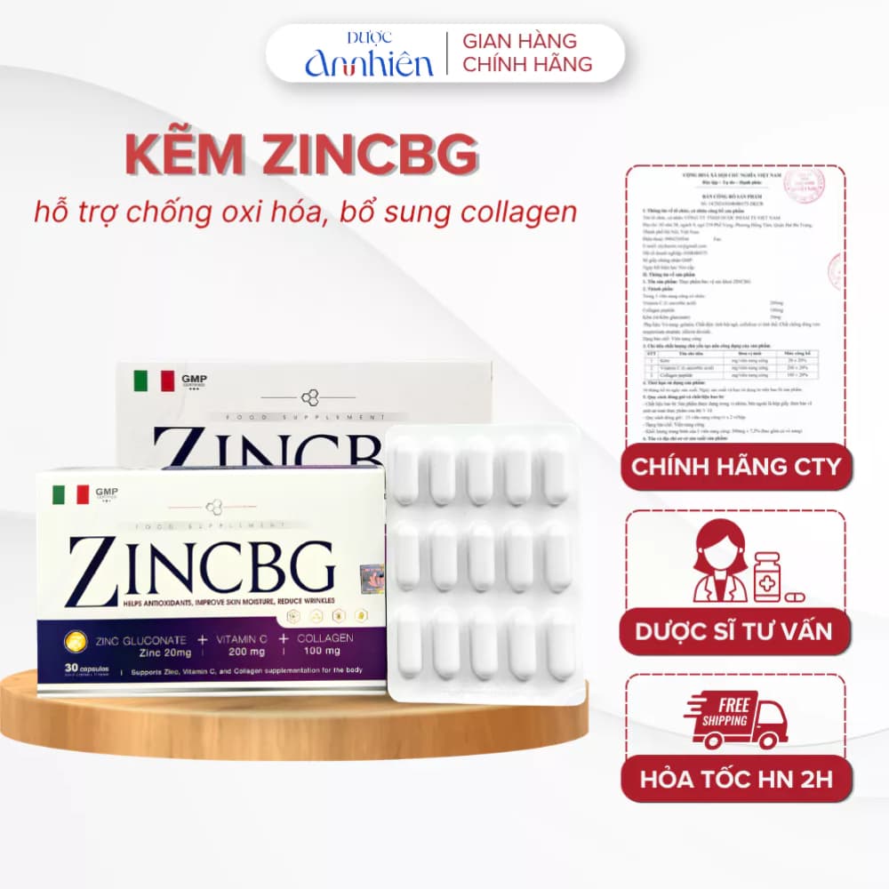Viên Uống Kẽm ZinCBG 30 Viên Chống Oxy Hóa Bổ Sung Collagen, Hỗ Trợ Chăm Sóc Da (1 Hộp)