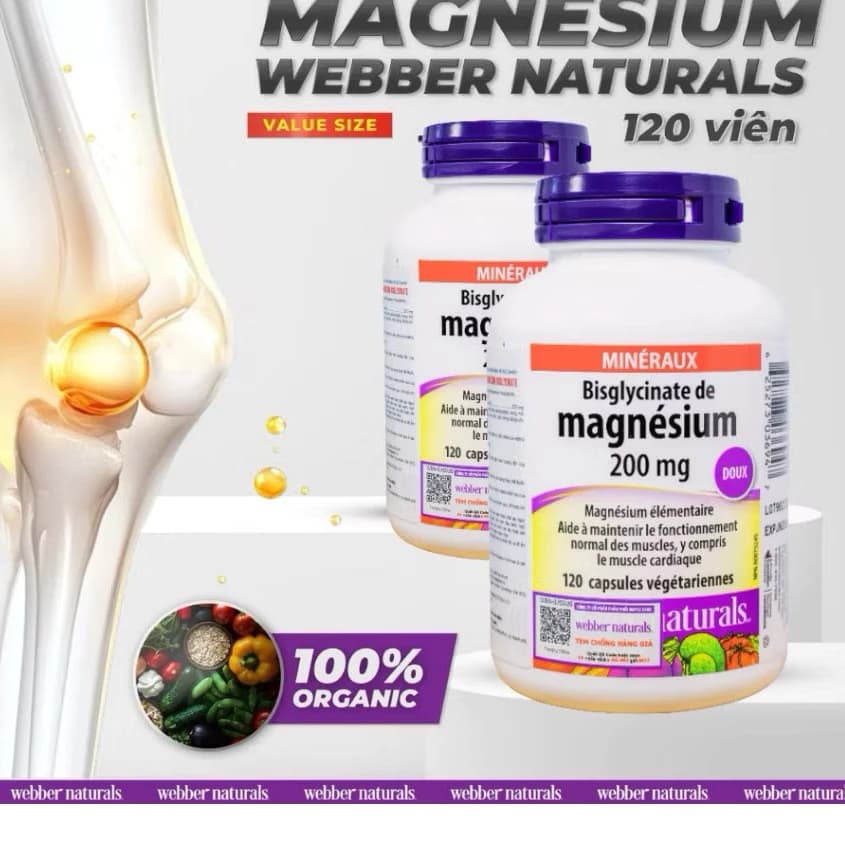 Viên uống Magnesium Bisglycinate 200mg WEBBER NATURALS, 60 viên, hỗ trợ cơ xương và thần kinh (60 capsules)