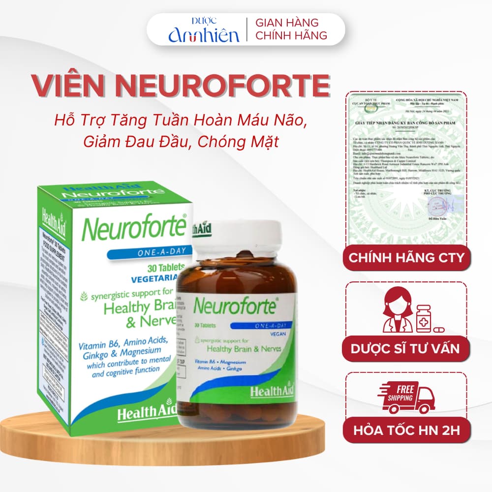Viên Uống HealthAid Neuroforte 30 Viên Hỗ Trợ Tăng Tuần Hoàn Máu Não, Giảm Đau Đầu, Chóng Mặt (1 hộp)